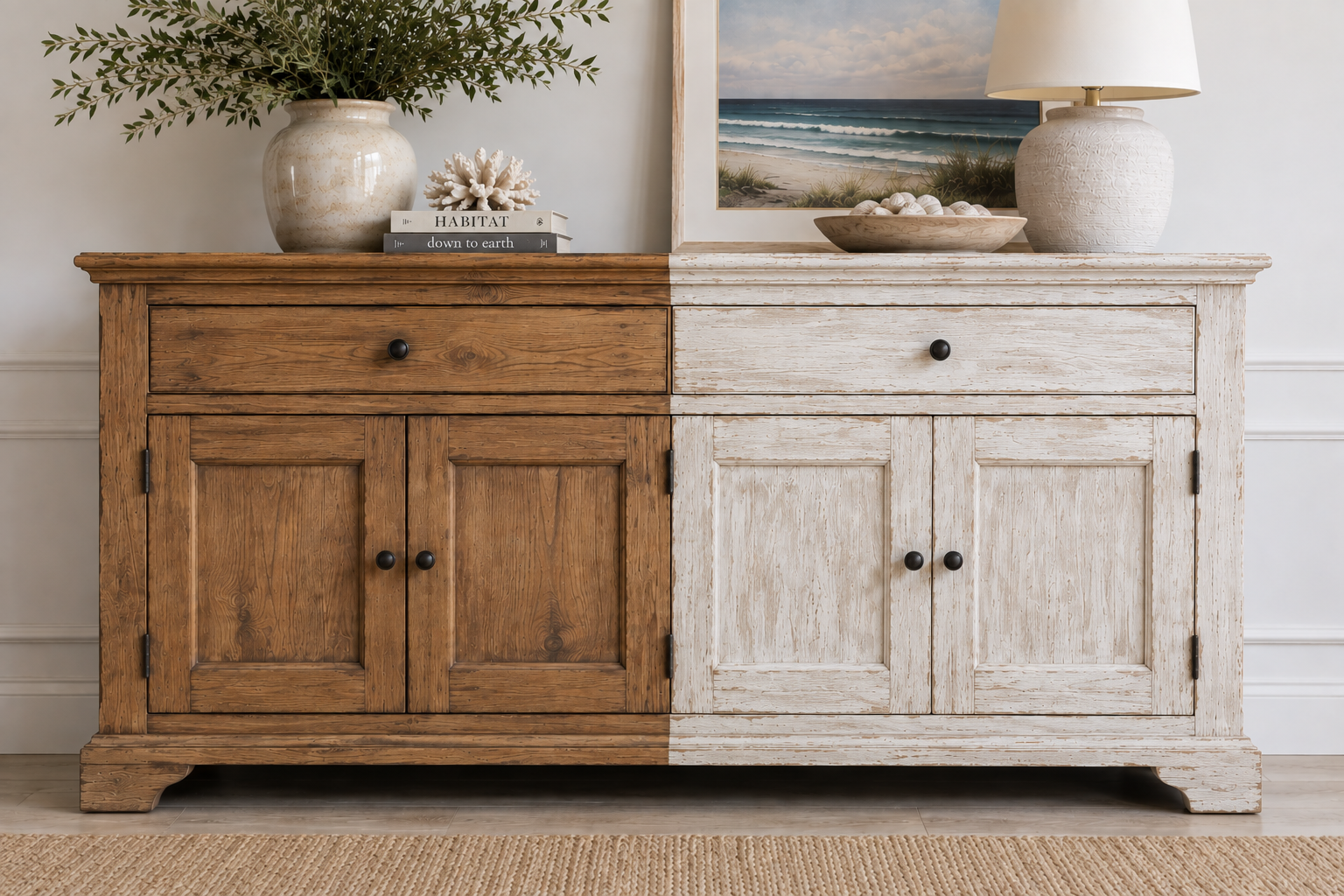 Two-tone cabinet finish showing warm wood and distressed white paint